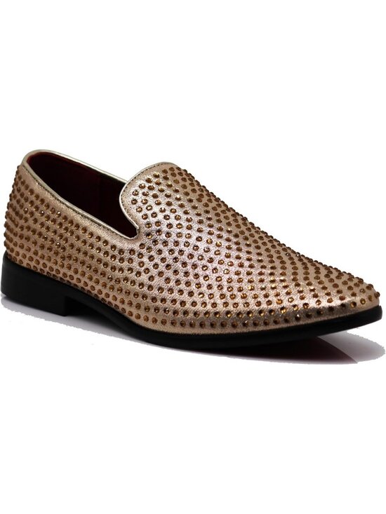 Enzo Romeo Men\'s Champagne Vintage Velvet Rhinestone Loafer Slip On Tuxedo Shoes